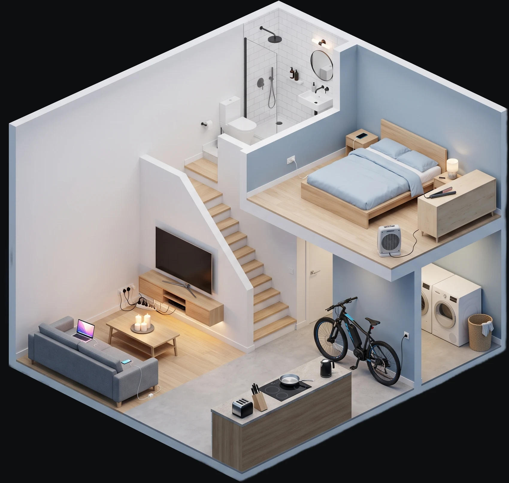 Cutaway of a modern two-storey home showing ten places a fire can start
